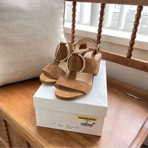Tan Suede Block Heel Sandals with Gold Ring Accent